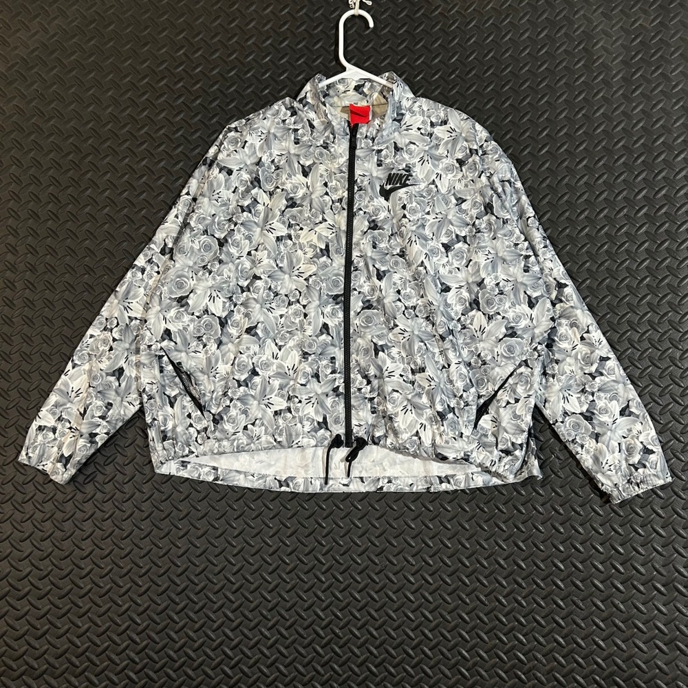 Nike Gray White Rose Flower Print‎ Full Zip Jacket Windbreaker Women's Medium